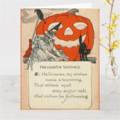 魔女ハロウィーンのカボチャのちょうちん黒猫レイヴン カード (黄色い花)