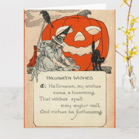 魔女ハロウィーンのカボチャのちょうちん黒猫レイヴン カード (黄色い花)