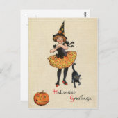 魔女ハロウィーンの衣装を着た小さな女の子、黒猫。 ポストカード (正面/裏面)