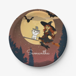 魔女パーソナライズされた猫ハッピーハローウィン名 ペーパープレート