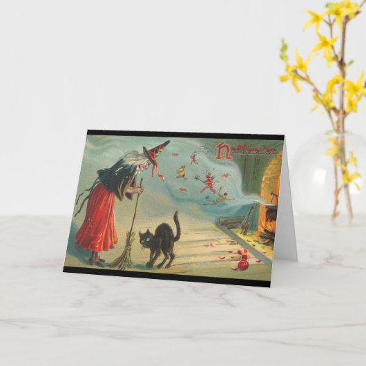 魔女ビクトリアンと猫のハロウィーンカードを再発行 カード (黄色い花)