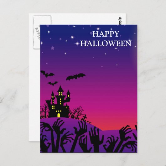 魔女フクロウのこうもりと怖いハロウィーンの夜 ポストカード (正面/裏面)