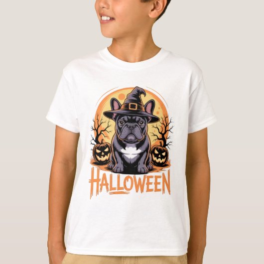 魔女フランスの帽子とハロウィーンブルドッグの衣装 Tシャツ (正面)