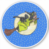 魔女ホールディングハット飛んでいる過去ムーンオンブロム猫 シール (正面)