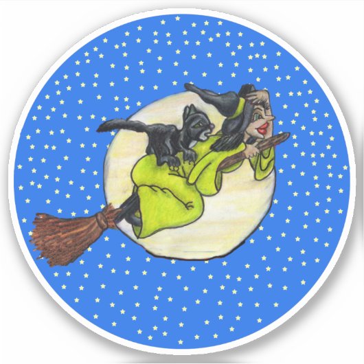 魔女ホールディングハット飛んでいる過去ムーンオンブロム猫 シール (正面)