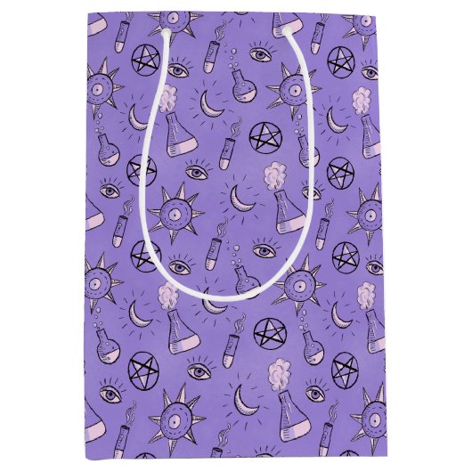 魔女ポーション紫の錬金術パターンハロウィーン ミディアムペーパーバッグ (正面)
