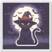 魔女不気味帽子とこうもりシール付き黒猫 シール (正面)
