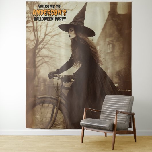 魔女乗用自転車ハロウィンつるの背景 タペストリー (インサイチュ)