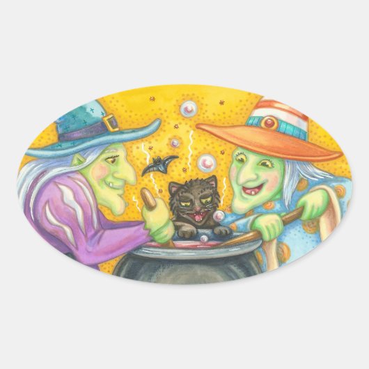 魔女姉妹と黒猫ステッカー楕円シート 楕円形シール (正面)
