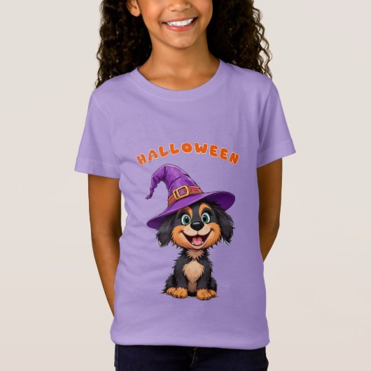 魔女帽をかぶったかわいい犬 Tシャツ (正面)