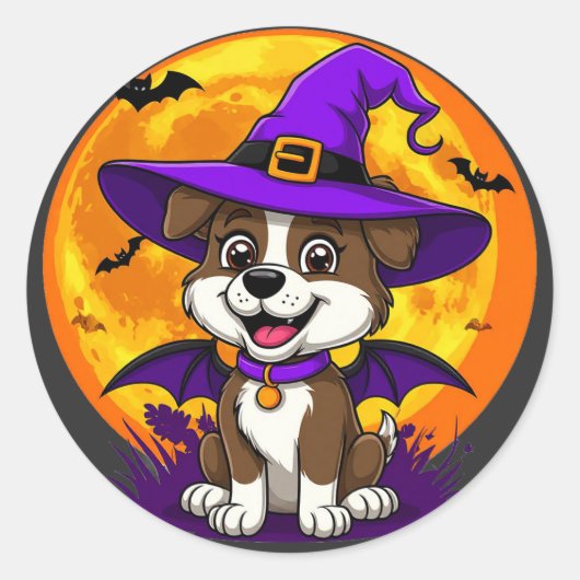 魔女帽をかぶった明るい犬 ラウンドシール (正面)