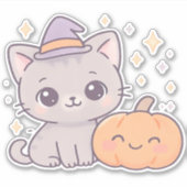 魔女帽子と笑顔のかぼちゃかわいい不気味猫 シール (正面)