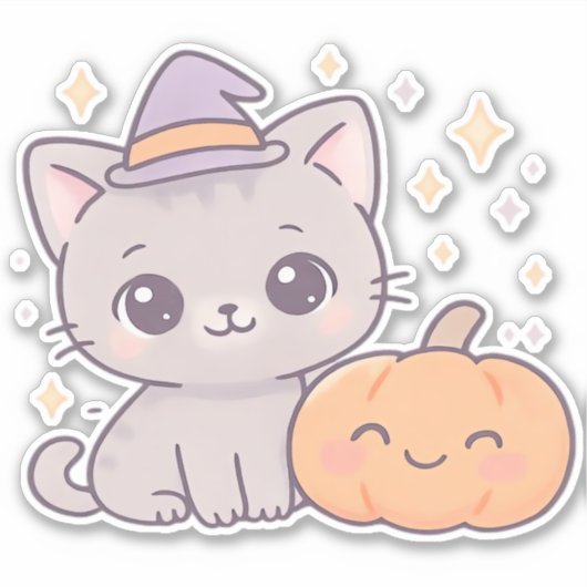 魔女帽子と笑顔のかぼちゃかわいい不気味猫 シール (正面)