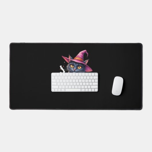 魔女帽子のかわいい黒猫 – 魔法のハロウィーンAr デスクマット (キーボード&マウス)