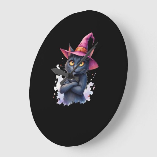 魔女帽子のかわいい黒猫 – 魔法のハロウィーンAr ラージ壁時計 (傾斜)