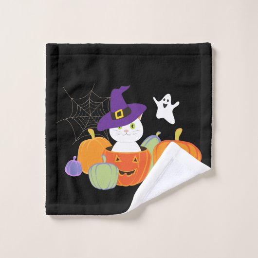 魔女帽子のハロウィーンのかわいい猫 バスタオルセット (ウォッシュタオル)