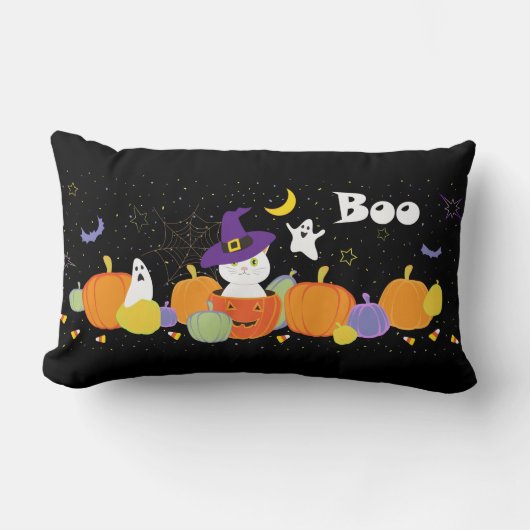 魔女帽子のハロウィーンのかわいい猫 ランバークッション (正面)