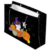 魔女帽子のハロウィーンのかわいい猫 ラージペーパーバッグ (正面アングル)