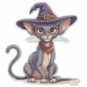 魔女帽子の愛らしいスフィンクス猫 シール (正面)