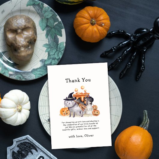 魔女帽子の赤ちゃんシャワーで小さなブー猫を醸造 サンキューカード