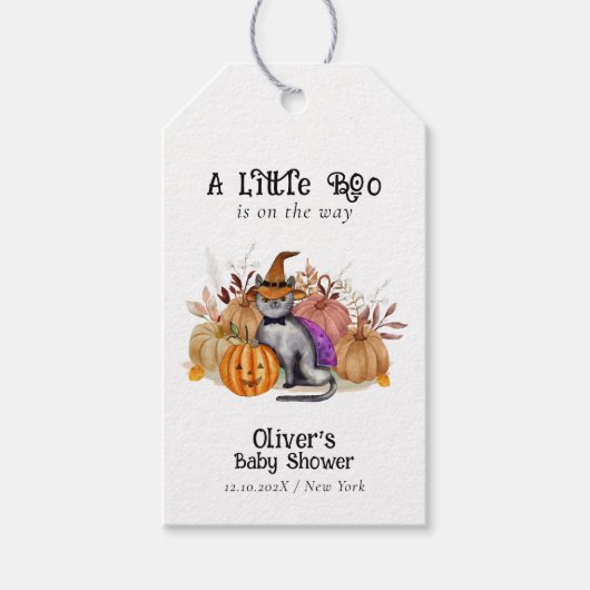 魔女帽子の赤ちゃんシャワーの小さなブー詩の猫 ギフトタグ (正面)