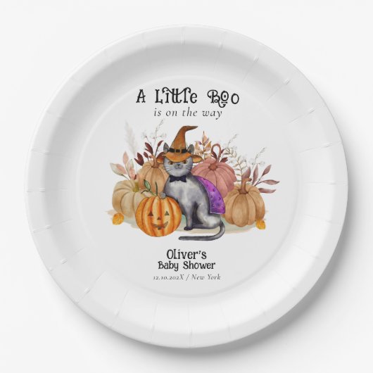 魔女帽子の赤ちゃんシャワーの小さなブー詩の猫 ペーパープレート (正面)