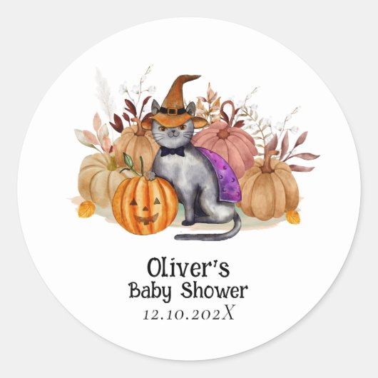 魔女帽子の赤ちゃんシャワーの小さなブー詩の猫 ラウンドシール (正面)