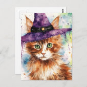 魔女帽子水彩の愛らしい猫 ポストカード (正面/裏面)