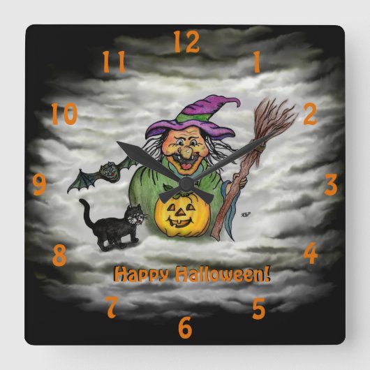 魔女猫こうもりハッピーハローウィン! スクエア壁時計 (正面)