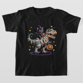 魔女猫ミイラTレックスに乗る – かわいいハロウィンディノ Tシャツ