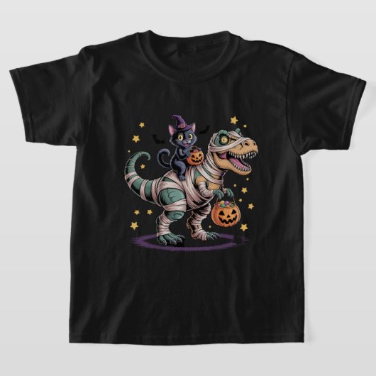魔女猫ミイラTレックスに乗る – かわいいハロウィンディノ Tシャツ (レイダウン)