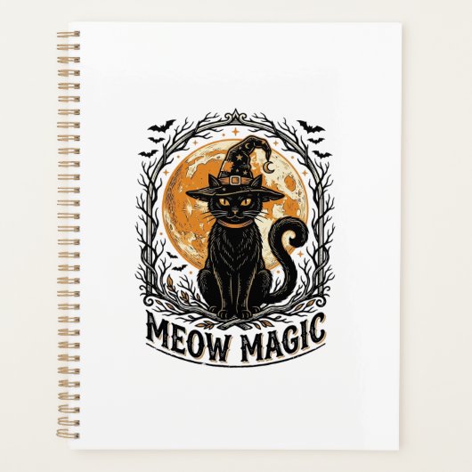 魔女猫Tシャツ ビンテージ ハロウィン 月 デザイン_1 プランナー手帳 (正面)