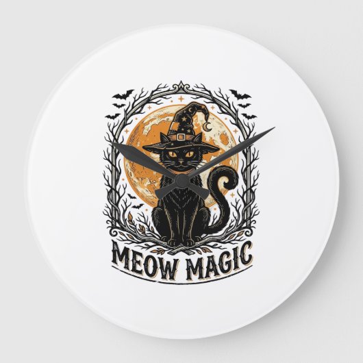 魔女猫Tシャツ ビンテージ ハロウィン 月 デザイン_1 ラージ壁時計 (正面)