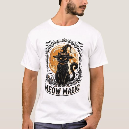 魔女猫Tシャツ ヴィンテージ ハロウィン 月 デザイン_1 Tシャツ (正面)
