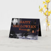 魔女飛んでいると城のハッピーハローウィンカード カード (黄色い花)