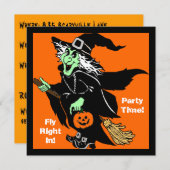 魔女飛んでいるハロウィーン漫画 招待状 (正面/裏面)