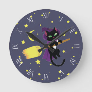 魔女飛んでいる猫ローマ数字 ラウンド壁時計