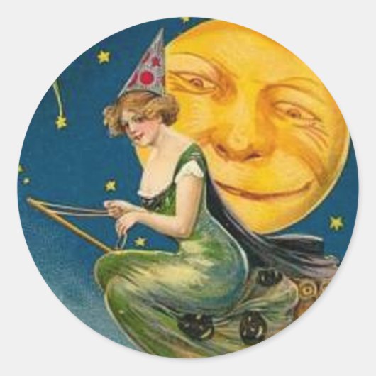 魔女飛んでいる過去ムーン – ハロウィーンステッカー ラウンドシール (正面)