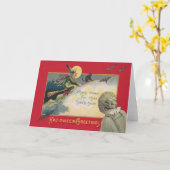 魔女飛んでいる黒猫こうもり満月 カード (黄色い花)