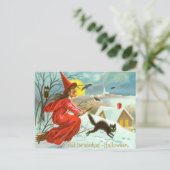 魔女飛んでいる黒猫フクロウこうもり雪 ポストカード (スタンド正面)