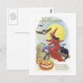 魔女飛んでいる、こうもり、ネコ、フクロウ月 ポストカード (正面/裏面)