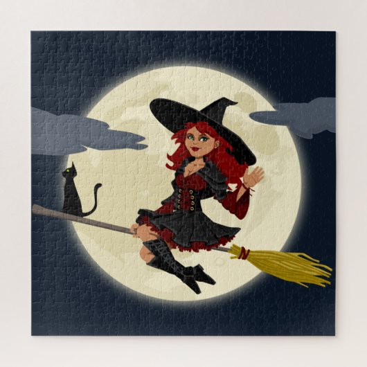 魔女飛んでいる、月、黒猫 ジグソーパズル (縦)