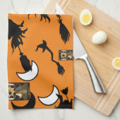 魔女魔法使い黒猫のムーンブルームスティック キッチンタオル (四つ折り)