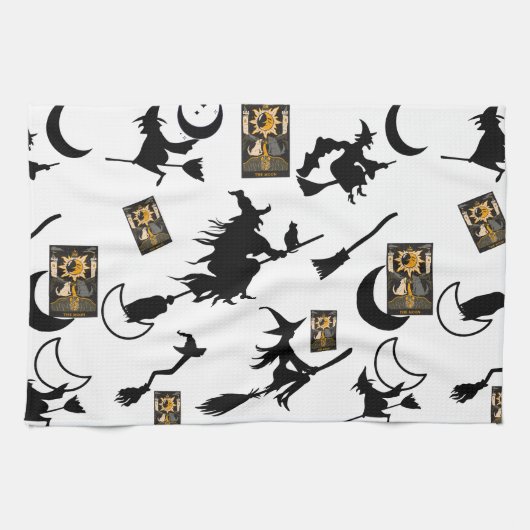 魔女魔法使い黒猫のムーンブルームスティック キッチンタオル (横)
