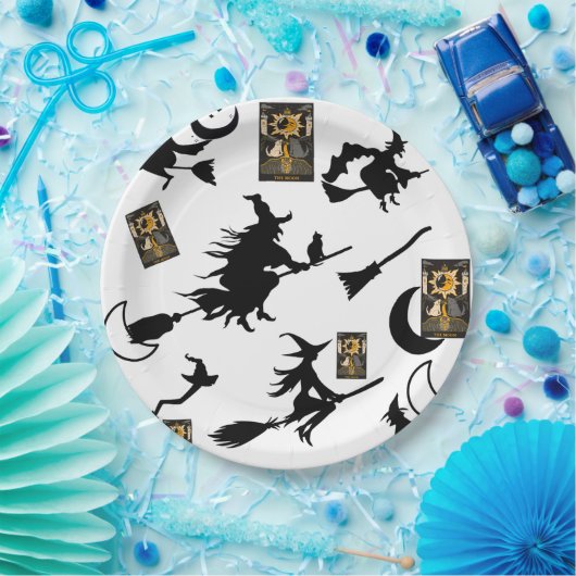 魔女魔法使い黒猫のムーンブルームスティック ペーパープレート (パーティー)