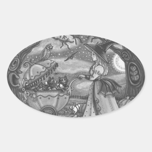 魔女黒猫乳母車ゴシックのステッカーシート楕円 楕円形シール (正面)