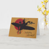 魔女黒猫飛んでいる飛行機満月 カード (黄色い花)