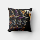 魔女3人がハロウィーンの夜に呪文を唱える クッション (正面)