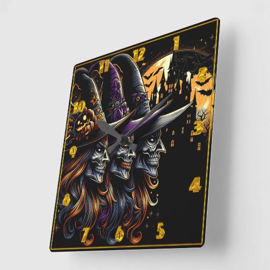 魔女3人がハロウィーンの夜に呪文を唱える スクエア壁時計 (傾斜)
