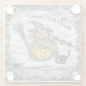 魔女、ネコ、こうもり、カボチャ、ハッピーハローウィン! ガラスコースター (裏面)